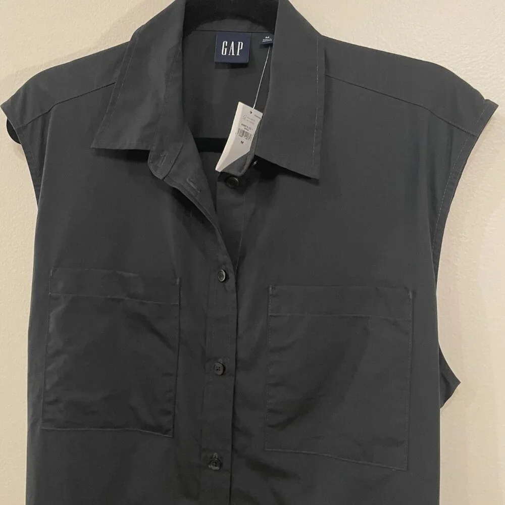 New Gap 100% Cotton Utility Back Cut-Out Shirtdress Black Medium